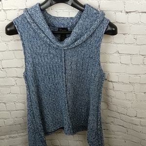Pure Hand-knit Blue Cowlneck Sleeveless Pullover